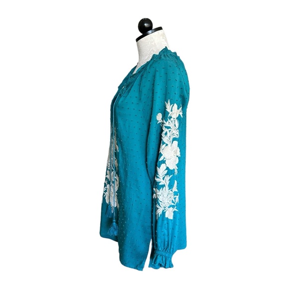 Solitaire Tunic Embroidered Peasant Blouse Turquoise Ruffled Neck Ties Size S - Picture 4 of 13